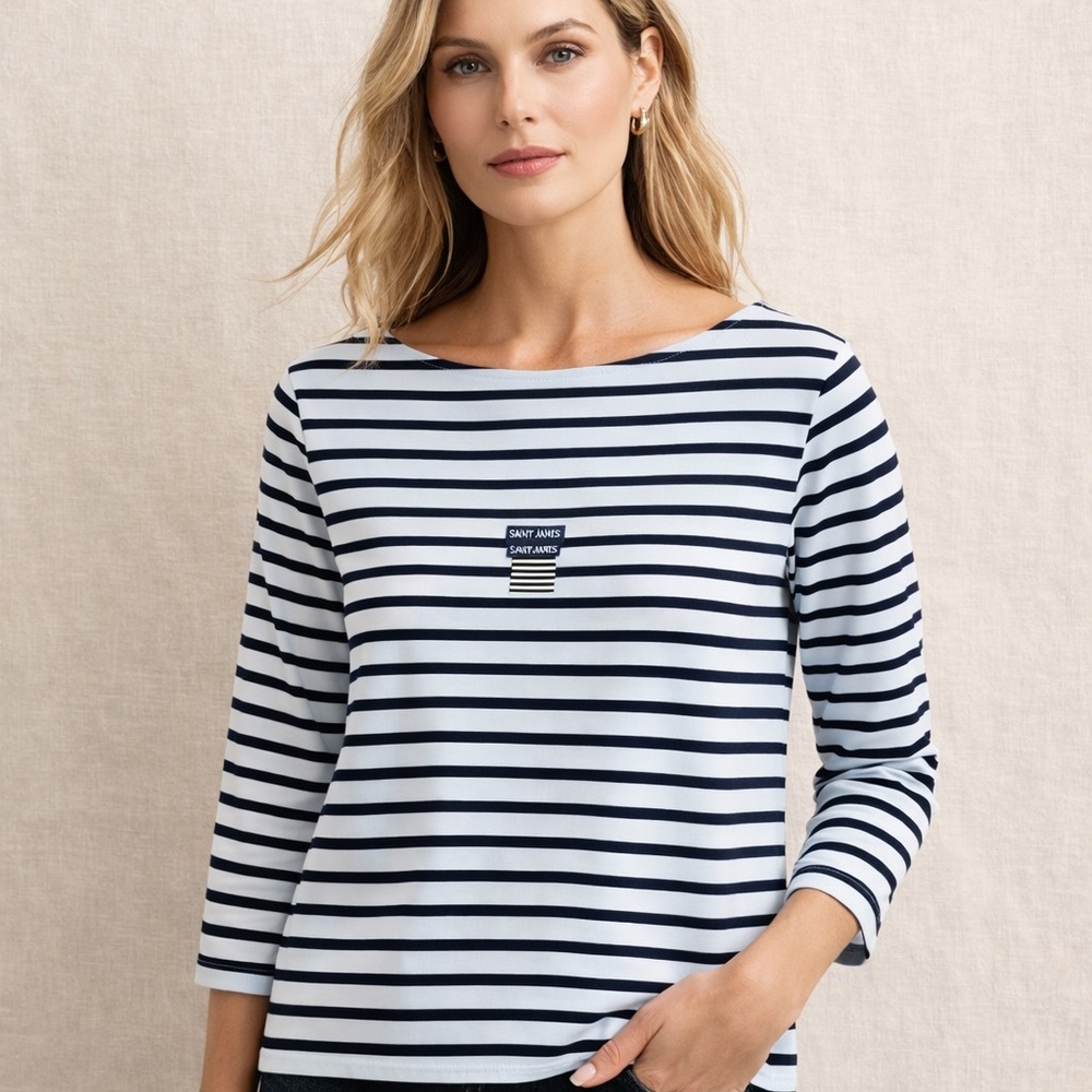 SAINT JAMES Breton Stripe Boatneck Top Navy White French Sailor Shirt France